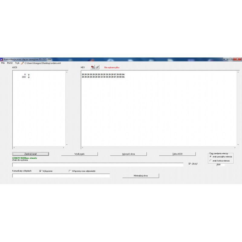 Test RS232C (program bezpłatny)